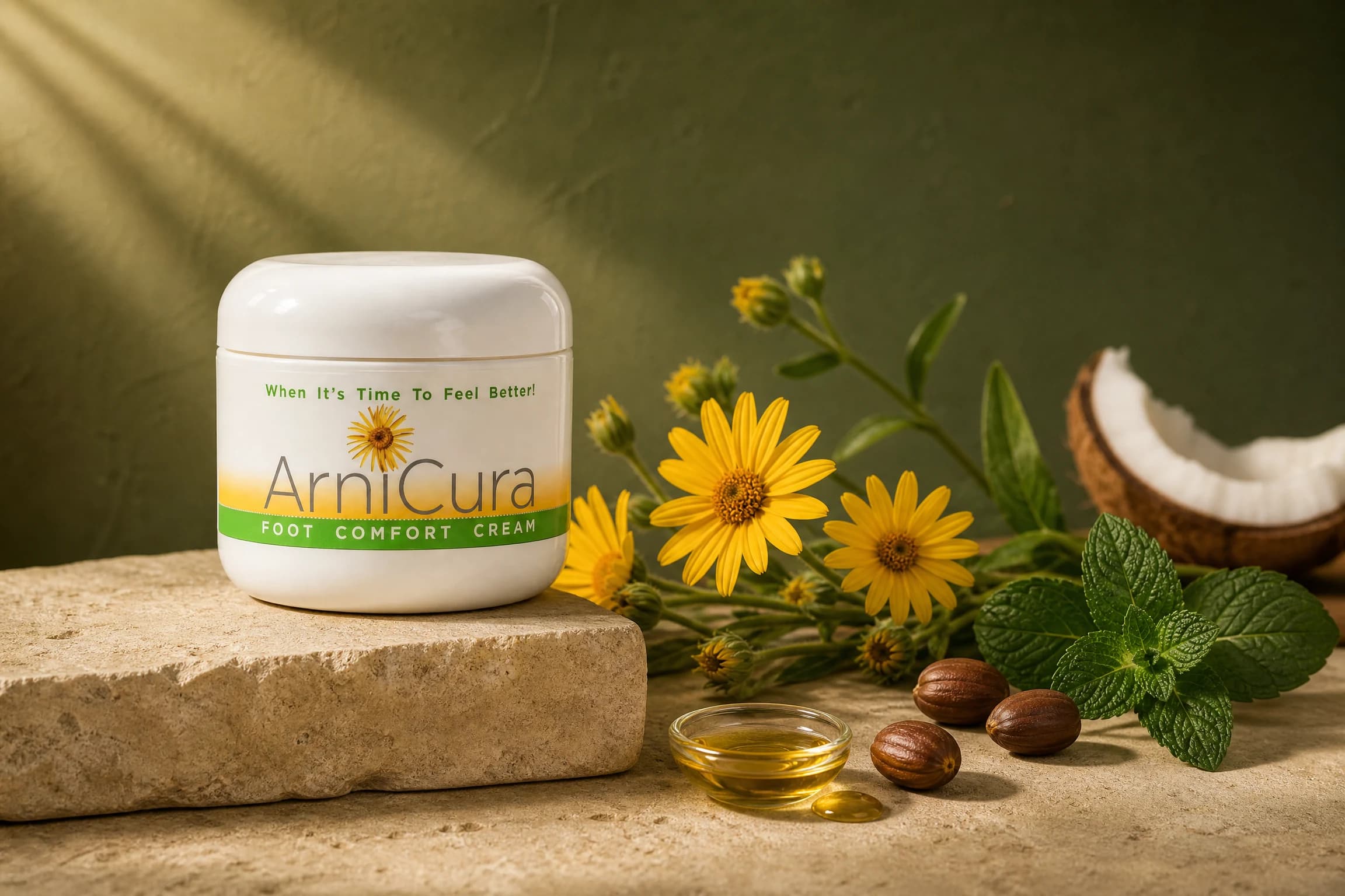 ArniCura Foot Comfort Cream with arnica flowers, peppermint leaves, jojoba oil, and coconut