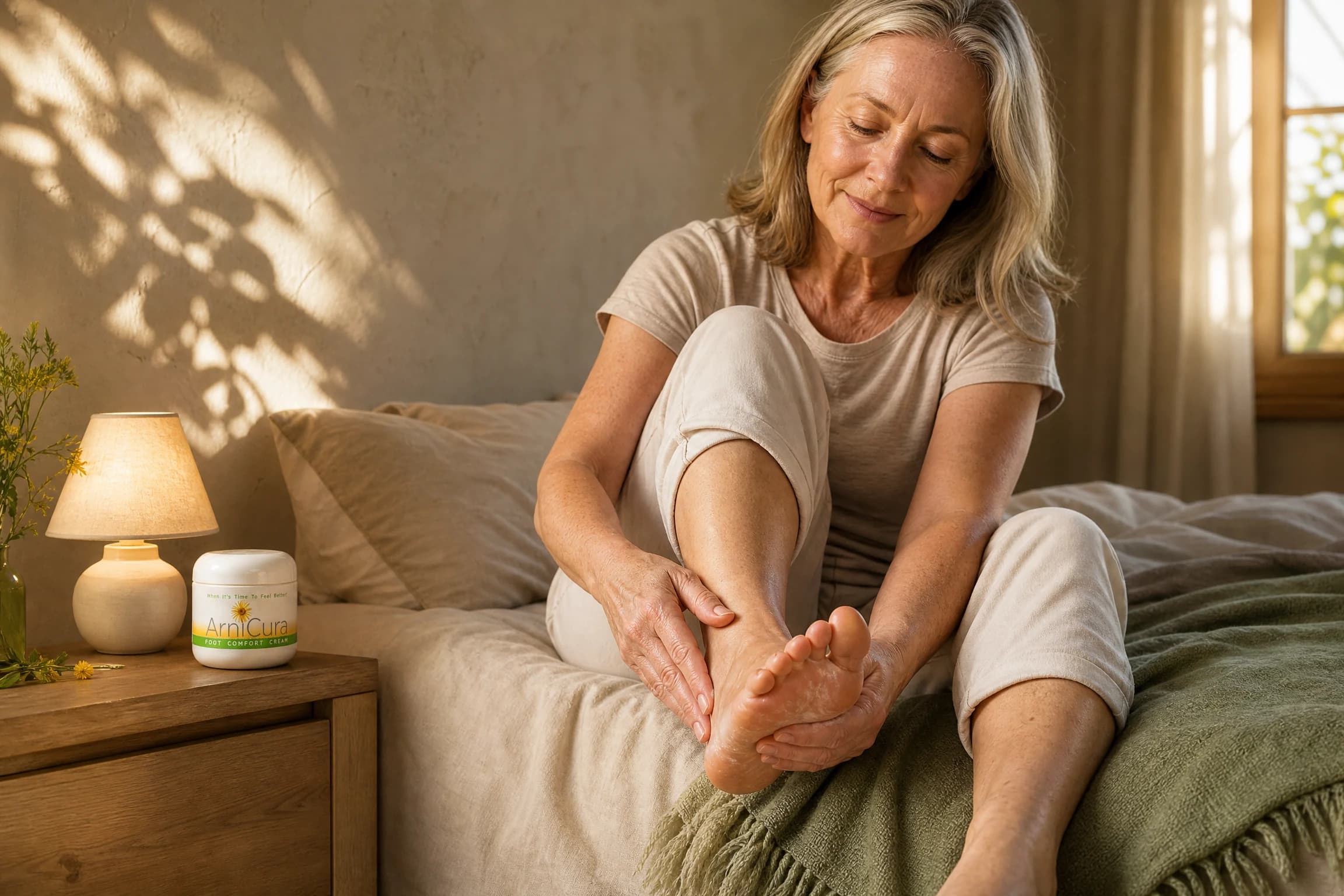 A woman gently massaging her foot with ArniCura as part of an evening care routine