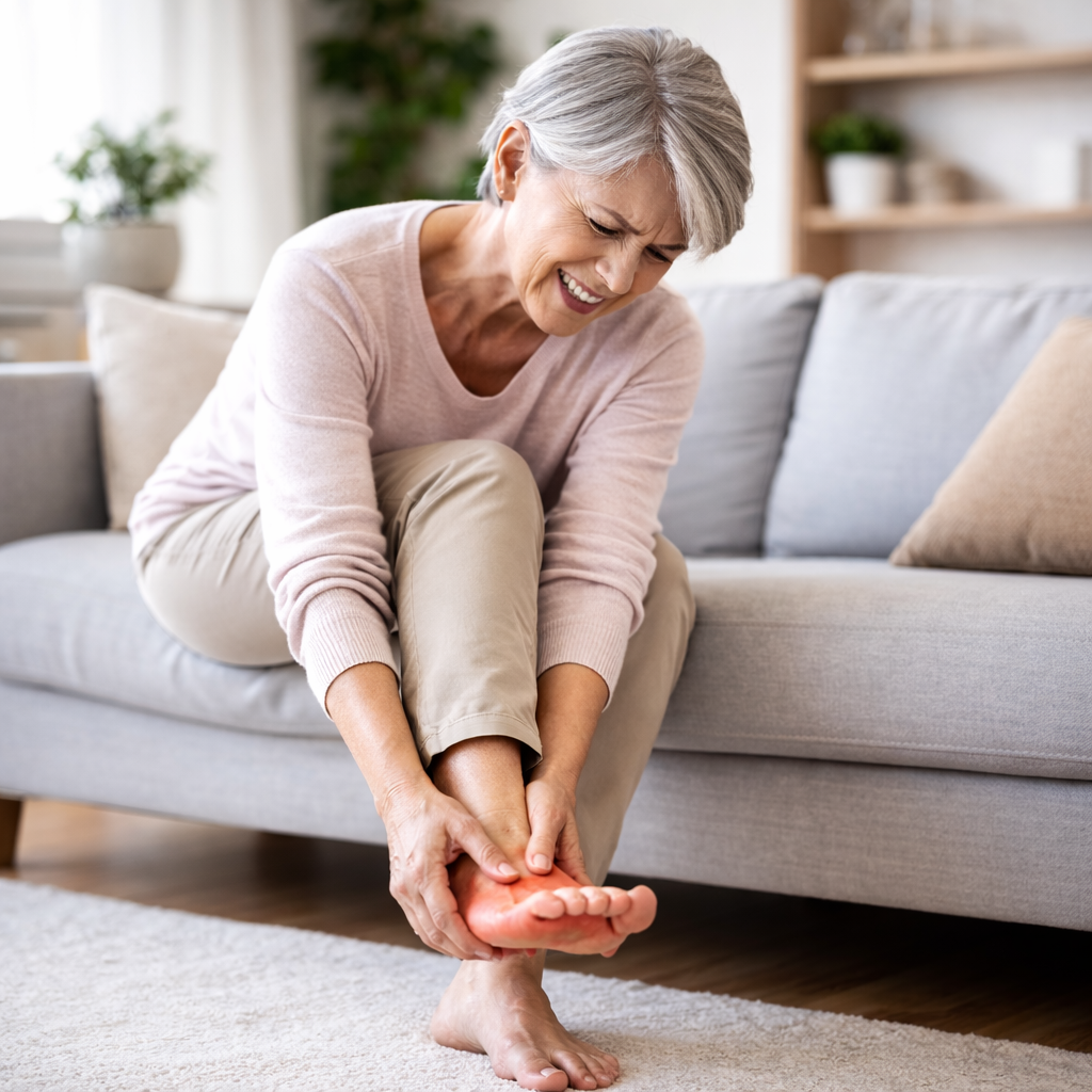 Woman with tired, aching feet β reaching for her foot while sitting at home